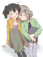 2girls black_hair blush brown_hair closed_eyes coat eyes_closed female green_coat hair_ornament hair_tie hairclip head_on_another's_shoulder knees_up kuraue_hinata leg_hug legwear meis_(terameisu) multiple_females multiple_girls open_mouth pants pantyhose safe short_hair shorts simple_background sitting sleeping tied_hair twintails white_background yama_no_susume yellow_coat yukimura_aoi // 792x1043 // 391.8KB