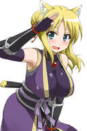 10s 1_female 1girl animal_ears armor armpits bare_shoulders big_boobs blonde blonde_hair breasts detached_sleeves dog_days ears female fingerless_gloves fox_ears garrison_cap gloves green_eyes hair_tie japanese_armor japanese_clothes jewelry kitsunemimi kote large_breasts long_hair mature ninja obi open_mouth pendant ponytail safe salute saluting samurai_armor sankaku_channel sash sheath short_hair simple_background smile solo tail tied_hair wafuku white_background youkan yukikaze_panettone // 600x900 // 174.4KB