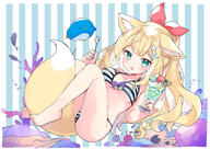 1girl animal_ears barefoot bikini blonde_hair breasts d fang fish_background food fox_ears fox_girl fox_tail full_body fuwafuwa-chan_(kamiyoshi_rika) glass green_eyes kamiyoshi_rika large_breasts long_hair looking_at_viewer multicolored_hair open_mouth original ponytail sensitive shaved_ice smile spoon striped striped_bikini swimsuit tail toes two-tone_hair white_hair // 1415x1000 // 374.0KB