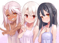 3girls bare_shoulders black_hair blush breasts brown_eyes camisole chloe_von_einzbern collarbone dark-skinned_female dark_skin double_v fatekaleid_liner_prisma_illya fate_(series) grin hair_between_eyes hair_ornament hairclip half_updo illyasviel_von_einzbern long_hair looking_at_viewer miyu_edelfelt multiple_girls one_side_up orange_eyes pan_korokorosuke pink_hair red_eyes sensitive sidelocks small_breasts smile v white_camisole white_hair // 1200x868 // 803.0KB