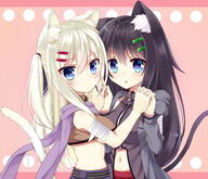 2_females 2_girls animal_ears animal_tail bad_id bad_pixiv_id bandage bandage_(bandages) bandages bare_belly black_hair blue_eyes blush breasts cat_ears cat_girl cat_tail ears female fringe girl hair_between_eyes hair_ornament hair_ribbon hairclip hand_holding high_resolution highres holding_hands hood interlocked_fingers kiyu_(kiyupapiko) light_erotic long_hair looking_at_viewer medium_breasts midriff multiple_females multiple_girls navel no_bra o open_mouth original pink_background pov ribbon safe scarf stomach tail tied_hair twintails underboob white_hair yatsuki_yura zipper // 1400x1200 // 1.5MB