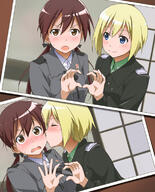 2girls blonde blonde_hair blue_eyes blush bodily_fluids brown_eyes brown_hair cheek_kiss closed_eyes duo embarrassed erica_hartmann eyes_closed female gertrud_barkhorn hair_tie hair_up heart heart_gesture heart_gesture_duo heart_hands heart_hands_duo kiss lesbian long_hair mature military military_uniform multicolored_hair multiple_females multiple_girls photo_(object) safe sankaku_channel short_hair smile strike_witches surprise_kiss surprised sweat sweatdrop table tied_hair twintails two-tone_hair two_tone_hair uniform window world_witches_series youkan yuri // 625x775 // 227.4KB