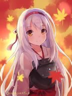 10s 1_female 1girl bikini blush brown_eyes cowboy_shot female hairband hakama hakama_skirt headband japanese_clothes kantai_collection leaf long_hair looking_at_viewer maple_leaf mature muneate nonono pov safe shoukaku_(kantai_collection) silver_hair smile solo swimsuit twitter_username upper_body // 600x800 // 491.2KB