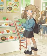 1girl backpack bag black_footwear black_skirt blonde_hair blue_cardigan blue_eyes blunt_bangs blush cardigan collared_shirt commentary_request commission cure_(vtuber) curry curry_rice d food full_body general highres holding holding_tray indie_virtual_youtuber indoors kneehighs long_hair long_sleeves looking_at_viewer noodles open_mouth people pleated_skirt poster_(object) ramen rice shirt shoes skeb_commission skirt smile socks solo solo_focus standing sumika_inagaki table tray twintails virtual_youtuber white_shirt // 1920x2300 // 476.0KB