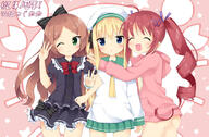 3girls ^_^ anniversary ass bangs beret black_skirt blue_eyes blue_sailor_collar blunt_bangs borrowed_character brown_hair closed_eyes collar commentary_request cowboy_shot d drill_hair eyes_closed female frilled_collar frilled_shirt_collar frilled_skirt frills girl_sandwich gothic_lolita green_eyes green_skirt hair_ornament hat hazuki_watora hood hoodie hug jacket lolibooru lolita_fashion long_hair long_sleeves looking_at_viewer maccha mature minazuki_sarami multiple_females multiple_girls naked_hoodie neckerchief one_eye_closed open-mouth_smile open_mouth original pink_jacket pleated_skirt pov red_hair redhead ribbon safe sailor_collar sandwiched school_uniform schoolgirl_uniform serafuku shimotsuki_potofu simple_background skirt smile striped striped_background uniform // 1081x710 // 121.3KB