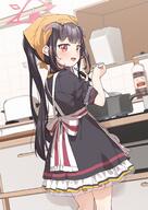 1girl absurdres apron black_hair black_shirt black_skirt blue_archive blush commentary_request cooking d frilled_apron frilled_skirt frills from_behind fuuka_(blue_archive) general halo head_scarf highres holding horns indoors ladle looking_at_viewer looking_back open_mouth red_eyes shirt skirt smile solo tile_wall tiles twin_tails twintails white_apron yukie_(kusaka_shi) // 2192x3084 // 893.5KB