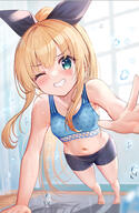 akabane_(zebrasmise) blonde_hair bra clothing curtains dripping exercise female green_eyes high_resolution long_hair looking_at_viewer midriff mononobe_alice mononobe_alice_(channel) navel nijisanji one_eye_closed one_eye_covered ponytail push_ups ribbon safe shadow shorts smile solo sports_bra sports_uniform sweatdrop sweaty tied_hair twitter uniform upscaled useless_tags very_high_resolution window wink // 1562x2400 // 655.7KB