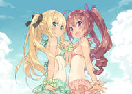 2_females 2girls bikini blonde_hair blue_eyes clouds dark_skin fang fangs female flat_chest hazuki_watora kani_biimu loli long_hair multiple_females multiple_girls original peko purple_eyes red_hair shimotsuki_potofu sky swimsuit swimwear tan_lines tanned tattoo tied_hair twintails wristwear young // 1280x914 // 621.9KB