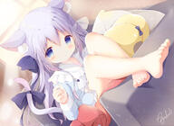 animal_ears aqua_eyes ayatsuki barefoot blush bow catgirl couch dress loli long_hair original purple_hair signed tail // 3000x2183 // 960.5KB