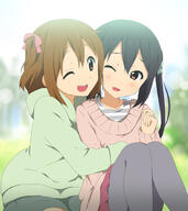 2girls alternate_hairstyle black_hair brown_eyes closed_eyes clothing eyes_closed female hair_tie hirasawa_yui hug k-on! kisuke_(akutamu) loli long_hair mature multiple_females multiple_girls nakano_azusa one_eye_closed pantyhose ponytail safe side_ponytail smile tagme tied_hair twintails young // 600x672 // 174.5KB