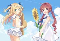 2girls ass blonde_hair blush clouds dress female flowers green_eyes hat hazuki_watora kani_biimu loli multiple_females multiple_girls original panties peko photoshop purple_eyes red_hair ribbons school_uniform seifuku shimotsuki_potofu sky sunflower third-party_edit tied_hair twintails underwear uniform young // 1570x1080 // 1.5MB