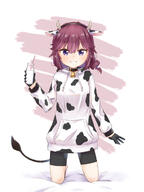 1 1girl animal_ears animal_print bell bike_shorts black_gloves black_shorts blush bottle breasts brown_hair cow_ears cow_horns cow_print cow_tail fake_animal_ears fake_horns fake_tail general gloves highres horns jacket kizunax kuramoto_takato looking_at_viewer machikado_mazoku milk_bottle neck_bell print_jacket purple_eyes short_hair shorts simple_background small_breasts smile solo tail violet_eyes yoshida_ryouko まちカドまぞく パーカー メタ子 倉本たかと 吉田優子シャミ子千代田桃吉田良子 // 900x1200 // 410.0KB