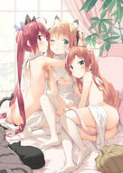 3girls animal_ears ass blush breasts brown_hair cat cat_ears cat_tail chestnut_mouth commentary_request eyebrows eyebrows_visible_through_hair female green_eyes hair_ornament hair_ribbon hand_on_another's_head hand_on_head hazuki_watora indoors kani_biimu lesbian lolibooru long_hair lying meme_attire minazuki_sarami multiple_girls nekomimi no_shoes on_side one_eye_closed original p peko q questionable red_eyes red_hair revealing_clothes ribbed_sweater ribbon sankaku shimotsuki_potofu sideboob sitting small_breasts sweater tail thighhighs tied_hair tongue tongue_out twin_tails twintails underboob very_long_hair virgin_killer_sweater wariza white_legwear yuri // 708x1000 // 413.8KB