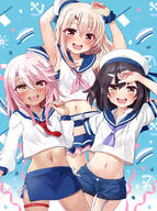 3girls armpits arms_up bare_shoulders belt black_hair blue_sailor_collar blue_shorts blue_skirt blush breasts brown_eyes brown_skin chloe_von_einzbern collarbone crop_top dark-skinned_female dark_skin fatekaleid_liner_prisma_illya fate_(series) garter_straps hair_between_eyes hair_ornament hairclip hat highres illyasviel_von_einzbern long_hair long_sleeves looking_at_viewer midriff miniskirt miyu_edelfelt mochi_(k620803n) multiple_girls navel neckerchief open_mouth orange_eyes pink_hair red_eyes safe sailor_collar sailor_hat sailor_shirt sensitive shirt short_shorts short_sleeves shorts sidelocks skirt small_breasts smile thigh_strap thighs white_hair white_headwear white_shirt // 1120x1500 // 997.0KB