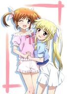 2girls ;d arm_around_back arm_around_waist bangs blonde_hair blouse blue_eyes blue_jacket brown_hair eyebrows_visible_through_hair fate_testarossa frilled_blouse frilled_shirt frilled_shorts frills hair_ribbon hand_holding holding_hands hug interlocked_fingers jacket long_hair looking_at_viewer lyrical_nanoha mahou_shoujo_lyrical_nanoha miniskirt miyajima_hitoshi multiple_girls one_eye_closed open_mouth pink_blouse pink_shirt red_eyes ribbon safe sensitive shadow shirt short_hair short_shorts short_sleeves shorts skirt smile standing takamachi_nanoha twintails white_background white_ribbon white_shorts white_skirt yuri // 708x1000 // 112.9KB