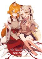 2girls absurdres animal_ear_fluff animal_ears apron blonde_hair blush cardigan fox_ears fox_girl fox_shadow_puppet fox_tail general highres holding_hands interlocked_fingers japanese_clothes light_brown_hair long_hair looking_at_viewer miko multiple_girls open_mouth senko_(sewayaki_kitsune_no_senko-san) sewayaki_kitsune_no_senko-san short_eyebrows short_hair smile tail timo_wei95 v very_long_hair wide_sleeves yellow_eyes // 2894x4093 // 1.5MB