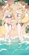 1girl absurdres animal_ears ass bikini blonde_hair breasts cleavage commentary_request dakimakura_(medium) fox_ears fox_girl fox_tail full_body fuwafuwa-chan_(kamiyoshi_rika) green_eyes hair_ribbon highres kamiyoshi_rika long_hair lying medium_breasts on_back on_stomach original ponytail red_ribbon ribbon sensitive side-tie_bikini_bottom smile solo striped striped_bikini swimsuit tail water waves // 1339x2500 // 772.0KB