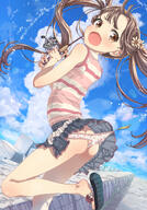 1girl accidental_exposure ass black_hair brown_eyes cloud cloudy_sky commission day feet female_focus fishing fishing_hook fishing_lure fishing_rod flip-flops flower hair_flower hair_ornament highres loli looking_back original outdoors ozzzzy panties print_panties questionable sandals shirt skirt sky sleeveless sleeveless_shirt solo striped striped_shirt twintails underwear water wedgie // 1120x1604 // 1.7MB