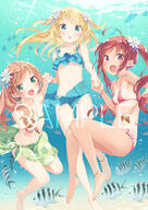 3girls ahoge animal bangs bare_arms bare_legs bare_shoulders barefoot bikini blonde blonde_hair blue_bikini blue_eyes blue_flower blush breasts brown_hair clownfish commentary_request d day eyebrows eyebrows_visible_through_hair fang fangs feet female fish flower green_bikini green_eyes groin hair_flower hair_ornament hand_holding hazuki_watora holding_hands interlocked_fingers kani_biimu legs lolibooru long_hair looking_at_viewer minazuki_sarami multiple_females multiple_girls navel one-piece_tan open-mouth_smile open_mouth original outdoors outside parted_lips peko purple_bikini purple_eyes purple_flower s safe sample sample_watermark sankaku sankaku_channel sarong sensitive shimotsuki_potofu side-tie_bikini side-tie_bikini_bottom small_breasts smile stomach sunlight swimsuit swimwear tan tan_lines tanline tanlines tanned tied_hair twin_tails twintails two_side_up underwater very_long_hair violet_eyes water white_flower // 765x1080 // 647.8KB