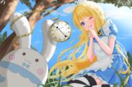 alice_in_wonderland apron blonde_hair blush bunny chain clouds dress grass headband long_hair masquerade_channel muutsu_(maxwell0916) signed sky thighhighs tree wink yumemiya_alice // 4093x2704 // 7.2MB