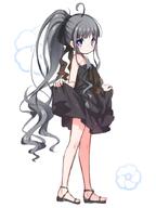 1_female 1girl ahoge bangs bare_arms bare_shoulders black_bow black_dress black_footwear blue_eyes blunt_bangs blush bow character_request closed_mouth commentary_request dress eyebrows eyebrows_visible_through_hair female floral_background footwear full_body grey_hair hair_bow hair_tie high_ponytail long_hair looking_at_viewer looking_to_the_side namazuo_toushirou_(tenka_hyakken) one-hour_drawing_challenge ponytail pov safe safebooru sandals shirt shouji_ayumu sidelocks simple_background skirt_hold sleeveless sleeveless_dress sleeveless_outfit smile solo standing tenka_hyakken tied_hair very_long_hair white_background // 675x900 // 61.5KB