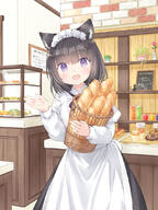 1girl animal_ear_fluff animal_ears apron baguette bangs basket black_hair black_skirt bread cat_ears commentary_request cupcake d doughnut fang food indoors juliet_sleeves komugi_(wataame27) long_sleeves looking_at_viewer maid_headdress object_hug original puffy_sleeves shirt skirt smile solo translation_request violet_eyes waitress wataame27 white_apron white_shirt // 803x1067 // 601.2KB