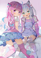 2girls aged_down ahoge alternate_costume alternative_age animal_ears aqua_ch. bangs blue_hair blush bow braid child commentary commentary_request ears female female_child fox_ears from_behind gaou_(umaiyo_puyoman) garrison_cap general green_eyes hair_bangs hair_bow hair_ornament hololive jsあくあちゃん＆フブキちゃん kitsunemimi kneeling kneesocks loli long_hair looking_at_viewer looking_back matsui_hiroaki matui-hiroaki medium_hair minato_aqua miniskirt multicolored_hair multiple_females multiple_girls open_mouth overall_skirt photoshop_(medium) pink_shirt pixel-perfect_duplicate pixiv_80686357 point_of_view pov purple_hair purple_shirt questionable safe sankaku_channel shirakami_fubuki shirakami_fubuki_channel shirt short_sleeves single_braid sitting skindentation skirt smile thigh-highs thighhighs thighs tied_hair two_tone_hair umaiyo_puyoman virtual_youtuber white_bow white_hair zettai_ryouiki あくあーと がおう オーバーオール サロペット ニーソ バーチャルyoutuber バーチャルyoutuber10000users入り ホロライブ 幼児化 湊あくあ 白上フブキ 絵フブキ // 900x1273 // 837.4KB