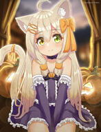 1girl absurdres ahoge animal_ear_fluff animal_ears artist_name bangs bare_shoulders between_legs blonde_hair blurry blush bokeh bow cat_ears cat_girl cat_tail choker clavicle closed_mouth collarbone cowboy_shot curtains depth_of_field detached_sleeves dress female female_focus flat_chest frilled_dress frilled_sleeves frills glowing green_eyes hair_between_eyes hair_bow hair_ornament halloween hand_between_legs happy hazakura_hinata heterochromia high_resolution highres jack-o'-lantern large_filesize long_hair looking_at_viewer orange_bow orange_ribbon original own_hands_together pettanko pumpkin purple_choker purple_dress purple_sleeves questionable raised_tail ribbon sensitive shiny shiny_hair short_dress sidelocks signature sitting smile solo split_mouth straight-on strapless strapless_dress tail tail_ornament tail_raised tail_ribbon v_arms very_high_resolution yellow_eyes // 3000x3912 // 8.7MB