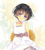 1_female 1girl 2d_art bangs black_hair blue_eyes blunt_bangs blush collarbone dress female flower hat head_tilt looking_at_viewer mature original panties pixiv_54621776 pov safe saipaco short_hair side-tie side-tie_panties simple_background smile solo straw_hat sundress sunflower underwear white_dress white_panties 黒髪ショート娘 // 700x772 // 312.2KB