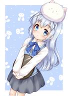 1girl angora_rabbit animal animal_on_head black_skirt blue_eyes blue_hair blue_vest blush bunny bunny_on_head eyebrows_visible_through_hair gochuumon_wa_usagi_desu_ka? hair_ornament highres kafuu_chino light_blue_hair lolibooru long_hair long_sleeves looking_at_viewer o on_head open_mouth parted_lips rabbit rabbit_house_uniform rabbit_on_head regular_mow ribbon safe sensitive simple_background skirt solo tippy tippy_(gochiusa) vest x_hair_ornament // 1003x1417 // 156.3KB