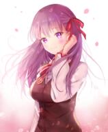 1_female 1girl bad_id bad_pixiv_id bangs blush bow breasts brown_vest closed_mouth clothing collared_shirt commentary_request danbooru danbooru-safebooru dress_shirt eyebrows eyebrows_visible_through_hair fanart fanart_from_pixiv fate fatestay_night fate_(series) fate_stay_night female gradient gradient_background hair_between_eyes hair_ornament hair_ribbon head_tilt homurahara_academy_uniform long_hair matou_sakura mature medium_breasts nasii petals pink_background pixiv pixiv_id_32843075 purple_eyes purple_hair red_bow red_ribbon revision ribbon s safe safebooru sankaku shirt simple_background smile solo striped striped_bow upper_body vest violet_eyes white_background white_shirt // 800x971 // 939.7KB