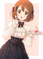 1girl alternate_hairstyle atu black_bow black_bowtie black_neckwear black_ribbon blue_eyes blush bow bowtie braid brown_hair crown_braid cupcake food frilled_shirt frills hair_between_eyes hair_ornament hair_ribbon hairclip high-waist_skirt highres hirasawa_yui holding holding_spoon holding_tray k-on! lolita_fashion long_sleeves o open_mouth pinstripe_pattern pinstripe_skirt puffy_sleeves ribbon safe shirt short_hair skirt solo spoon striped tareme teeth tray twitter_username upper_teeth white_shirt // 1000x1365 // 942.9KB