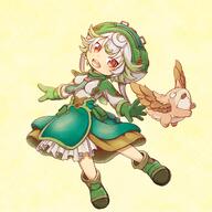 1girl absurdres blouse breasts child commentary_request creature curly_hair d eyebrows_visible_through_hair female_child full_body general gloves green_footwear green_gloves green_hair green_headwear green_necktie green_neckwear green_skirt grey_hair hat head_tilt highres lolibooru long_sleeves looking_at_viewer made_in_abyss meinya_(made_in_abyss) multicolored_hair multicoloured_hair necktie nina_(maurururoa) open_mouth pouch prushka red_eyes safe shirt shoes short_hair skirt small_breasts smile solo streaked_hair teeth upper_teeth upper_teeth_only white_headwear white_shirt yellow_background // 3500x3500 // 1.4MB