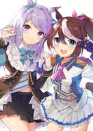 2_girls 2girls absurdres animal_ears anime-pictures.net aqua_bow aqua_bowtie aqua_neckwear aqua_ribbon ascot asymmetrical_gloves black_skirt blue_eyes bow bowtie brown_hair closed_mouth d ear_ribbon elise_(piclic) fringe girl gloves hair_between_eyes highres holding_hands horse_ears horse_girl horse_tail interlocked_fingers kita_(kitairoha) long_hair looking_at_viewer mejiro_mcqueen_(umamusume) miniskirt multicolored_hair multiple_girls open_mouth pleated_skirt ponytail purple_eyes purple_gloves purple_hair ribbon safe sensitive simple_background skirt smile streaked_hair tail tall_image tokai_teio_(umamusume) uma_musume_pretty_derby umamusume uniform victory white_background white_gloves white_hair white_skirt // 2480x3508 // 2.9MB