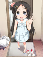 1_female 1girl bare_shoulders black_hair blue_eyes child d dress female flip-flops footwear from_above hair_clip hair_ornament hair_tie hairclip high_resolution highres kana_(shouji_ayumu) loli lolibooru lolibooru.moe long_hair looking_at_viewer looking_up mature open_mouth original ponytail pov safe sandals shouji_ayumu side_ponytail smile solo standing tied_hair waving yande.re young younger // 1200x1600 // 762.7KB