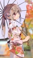 1girl blurry blurry_background blush breasts fate_(series) fate_kaleid_liner_prisma_illya floral_print hair_ornament highres illyasviel_von_einzbern japanese_clothes kimono light_brown_hair long_hair long_sleeves oil-paper_umbrella pei_iriya ponytail rabbit red_eyes sash sidelocks small_breasts umbrella white_kimono wide_sleeves // 1166x2048 // 270.6KB