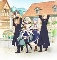 2boys 2girls abel_(shiro_seijo_to_kuro_bokushi) ahoge bag black_footwear black_hair black_robe black_thighhighs blonde_hair blue_eyes blue_hair cecilia_(shiro_seijo_to_kuro_bokushi) commentary_request cross cross_necklace fountain green_eyes green_hair grocery_bag haiselita_aldridge highres holding holding_bag jewelry key_visual lawrence_(shiro_seijo_to_kuro_bokushi) light_blue_hair multiple_boys multiple_girls necklace official_art promotional_art red_eyes robe shiro_seijo_to_kuro_bokushi shirt shopping_bag short_hair thigh-highs white_hood white_shirt // 1200x1252 // 193.4KB