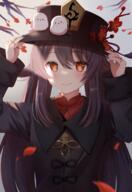 1girl 2 asian_clothes bird black_headwear black_nails branch brown_coat brown_hair clothing coat collared_shirt eyebrows_visible_through_hair falling_petals female flower genshin_impact hair_between_eyes hands_on_headwear hat hat_flower headwear high_resolution highres hu_tao hu_tao_(genshin_impact) jewellery jewelry lolibooru long_hair looking_at_viewer multiple_rings nail_polish nasii petals red_eyes red_shirt ring s safe sankaku sensitive shirt simple_background smile solo symbol-shaped_pupils tied_hair twin_tails twintails upper_body user_xtsy2537 タオ 原神 原神1000users入り 胡桃(原神) // 1408x2048 // 2.4MB