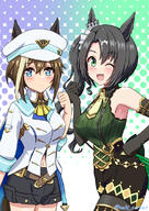 2girls animal_ears armpits black_hair blue_eyes blush breasts brown_hair cheval_grand_(umamusume) clenched_hand general green_eyes hat horse_ears horse_girl looking_at_viewer medium_breasts medium_hair multiple_girls navel one_eye_closed open_mouth polka_dot polka_dot_background satono_crown_(umamusume) seki_(hyokosho) shorts side_ponytail simple_background thigh-highs thighhighs umamusume // 800x1131 // 859.4KB