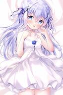 1girl aliasing amedamacon bed_sheet blue_eyes blue_hair comiket_102 dakimakura_(medium) dress general gochuumon_wa_usagi_desu_ka? hair_ornament hair_ribbon highres kafuu_chino long_hair lying on_back ribbon safe sleeveless sleeveless_dress solo white_dress x_hair_ornament // 846x1280 // 291.7KB