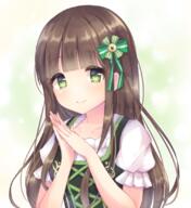 1girl bangs blush bow brown_hair caramel_(caramelmilk) closed_mouth collarbone commentary_request eyebrows_visible_through_hair gochuumon_wa_usagi_desu_ka? green_bow green_eyes hair_bow hands_up long_hair looking_at_viewer own_hands_together palms_together puffy_short_sleeves puffy_sleeves safe shirt short_sleeves smile solo striped striped_bow ujimatsu_chiya upper_body very_long_hair white_shirt // 1000x1091 // 1.0MB