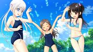 3girls absurdres adachi_tenka bikini black_hair blue_eyes bow brown_eyes brown_hair child female game_cg general hair_bow highres komako_semenovich loli multiple_girls nonohara_miki official_art one-piece_swimsuit polka_dot polka_dot_bikini safe sayama_chie sensitive shoujo_ramune swimsuit tagme wallpaper white_hair // 6528x3672 // 2.3MB