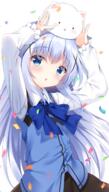 1girl angora_rabbit animal animal_on_head arms_up bangs black_skirt blue_bow blue_eyes blue_hair blue_vest blush bow bunny collared_shirt commentary commentary_request confetti eyebrows_visible_through_hair gochuumon_wa_usagi_desu_ka? hair_ornament highres kafuu_chino lolibooru long_hair long_sleeves on_head parted_lips pizzzica rabbit rabbit_house_uniform safe shirt simple_background skirt sleeves_past_wrists tippy tippy_(gochiusa) uniform very_long_hair vest waitress white_background white_shirt x_hair_ornament // 927x1634 // 1.1MB