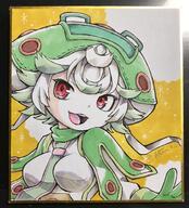 1girl artist_name blouse breasts child commentary_request curly_hair d female_child gloves green_gloves green_hair green_headwear green_necktie green_neckwear hat hatching_(texture) highres impossible_clothes impossible_shirt lolibooru looking_at_viewer made_in_abyss medium_breasts multicolored_hair multicoloured_hair necktie open_mouth orange_background photo_(medium) prushka red_eyes safe sensitive shikishi shirt short_hair signature smile solo streaked_hair teeth traditional_media tsumiki_yuu tsurime upper_body upper_teeth white_background white_hair white_shirt // 1855x2048 // 621.2KB