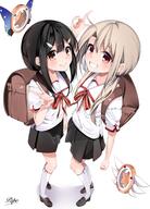 2girls backpack bag black_hair black_skirt blonde_hair blush breasts brown_eyes closed_mouth collared_shirt fate_(series) fate_kaleid_liner_prisma_illya full_body grin hair_ornament hairclip highres homurahara_academy_school_uniform illyasviel_von_einzbern kneehighs long_hair looking_at_viewer low_twintails magical_ruby magical_sapphire miyu_edelfelt multiple_girls neck_ribbon pei_iriya pleated_skirt red_eyes red_ribbon ribbon sailor_collar school_uniform shirt short_sleeves sidelocks skirt small_breasts smile socks twintails v white_sailor_collar white_shirt // 1475x2048 // 323.2KB