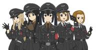 5girls akiyama_mio armband arms_behind_back azusa_nakano black_cat03 black_coat black_eyes black_gloves black_hair black_necktie blonde_hair blue_eyes brown_eyes brown_hair brown_shirt cigarette coat collar_tabs collared_shirt commentary cross general gloves gun hairband handgun hat_ornament highres hirasawa_yui holding holding_cigarette holding_gun holding_notebook holding_pen holding_weapon iron_cross k-on! korean_commentary kotobuki_tsumugi long_hair looking_at_another looking_at_viewer military military_uniform mio_akiyama multiple_girls nakano_azusa nazi nazi_party_pin necktie notebook nullpo pen red_armband ritsu_tainaka sensitive shirt short_hair simple_background skull_hat_ornament ss_insignia ss_uniform swastika tainaka_ritsu totenkopf tsumugi_kotobuki twintails uniform waffen-ss waving weapon white_background white_shirt yellow_hairband yui_hirasawa // 2425x1280 // 1.2MB