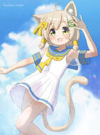 1girl absurdres ahoge animal_ear_fluff animal_ears arm_up armpits artist_name bangs blue_sailor_collar blue_sky blush bow brown_hair cat_ears cat_girl cat_tail cloud collarbone day dress dutch_angle female_focus fish_hair_ornament flat_chest green_eyes hair_bow hair_ornament hairclip happy hazakura_hinata heterochromia highres leg_up neckerchief open_mouth original outdoors pleated_dress sailor_collar school_uniform see-through see-through_sleeves sensitive serafuku shiny shiny_hair short_dress short_hair short_sleeves sidelocks signature sky smile solo standing standing_on_one_leg tail white_dress yellow_bow yellow_eyes yellow_neckerchief // 2692x3618 // 4.3MB