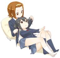 2girls black_hair black_legwear blazer brown_eyes brown_hair dated female hairband jpeg_artifacts k-on! legwear long_hair looking_at_another lying lying_on_person multiple_girls nagian nakano_azusa no_shoes open_blazer open_clothes red_eyes school_uniform short_hair signature sitting skirt socks tainaka_ritsu tied_hair twintails uniform white_legwear // 600x580 // 31.3KB