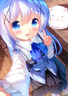 1girl angora_rabbit animal artist_name black_skirt blue_eyes blue_hair blue_vest blush bunny chinomaron collared_shirt eyebrows_visible_through_hair gochuumon_wa_usagi_desu_ka? hair_between_eyes hair_ornament highres kafuu_chino lolibooru long_hair long_sleeves open_mouth rabbit rabbit_house_uniform reaching_out safe self_shot selfie shirt signature skirt tippy tippy_(gochiusa) v vest white_shirt x_hair_ornament // 1060x1500 // 776.0KB