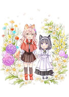 2girls aged_down ahoge animal_ear_fluff animal_ears apron black_footwear black_hair black_skirt black_socks blue_flower boots brown_eyes brown_skirt capelet cat_ears cat_girl cat_tail commentary_request d flower frilled_skirt frills hair_between_eyes hair_flower hair_ornament holding_hands juliet_sleeves kneehighs komugi_(wataame27) long_sleeves multiple_girls original pantyhose petals pink_flower pink_hair pleated_skirt puffy_sleeves purple_flower red_capelet red_flower red_footwear shirt shoes simple_background skirt smile socks standing tail violet_eyes waist_apron wataame27 white_apron white_background white_flower white_pantyhose white_shirt wolf-chan_(wataame27) wolf_ears wolf_girl wolf_tail yellow_flower // 627x885 // 407.9KB